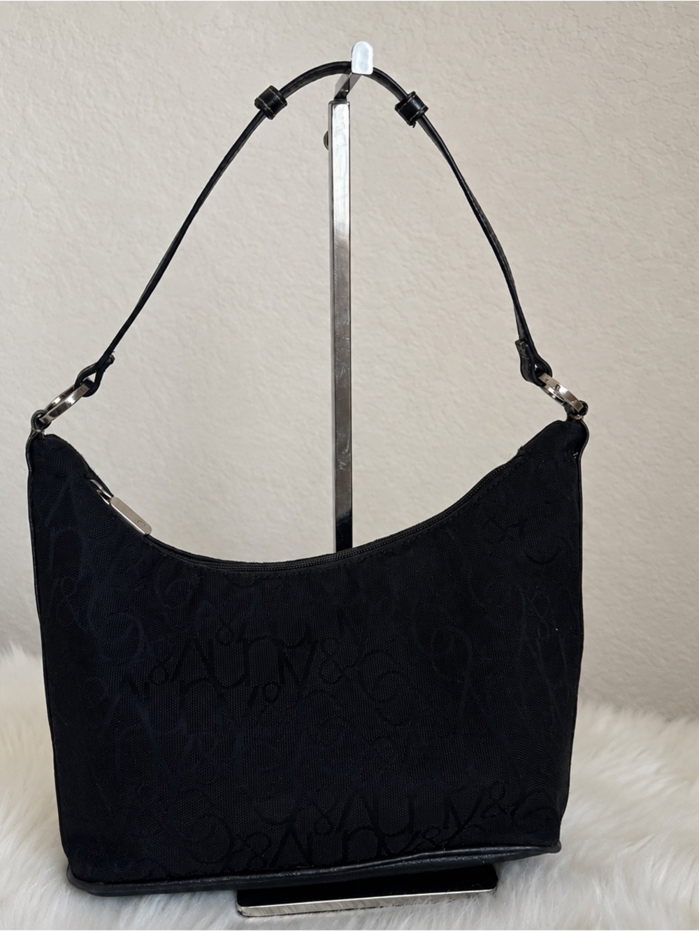 NY & Co Vintage Y2K Black Logo Canvas Leather Baguette Shoulder Bag Monochrome - Picture 6 of 6